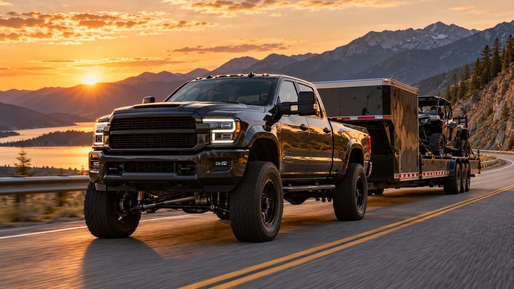 Lifted pickup truck towing a heavy trailer on a mountain road