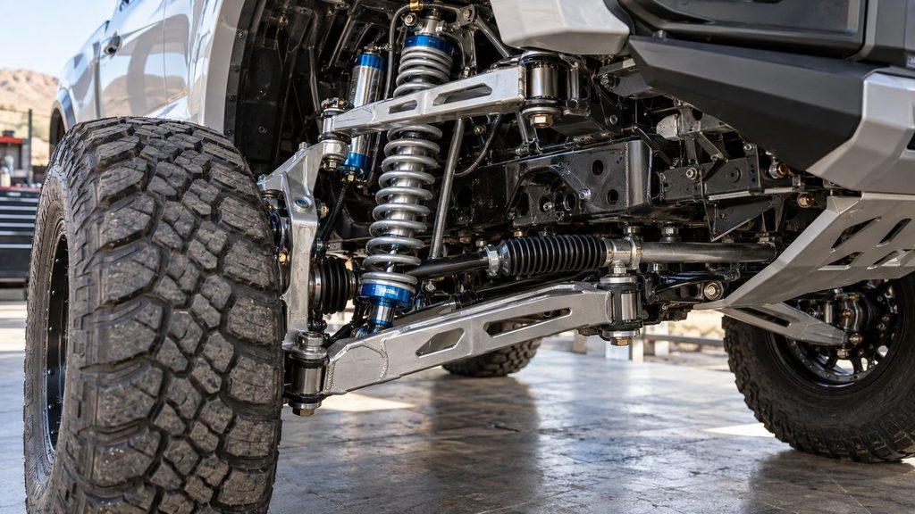 Long travel suspension with extended control arms and coilover on an off-road truck