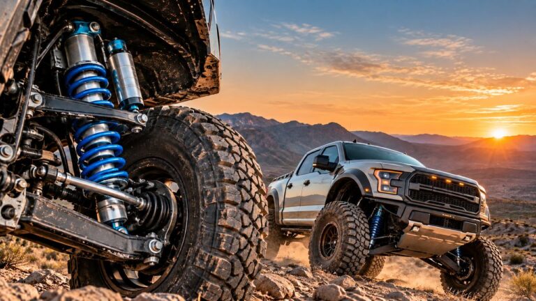 Long travel suspension on an off-road truck with extended control arms and coilovers