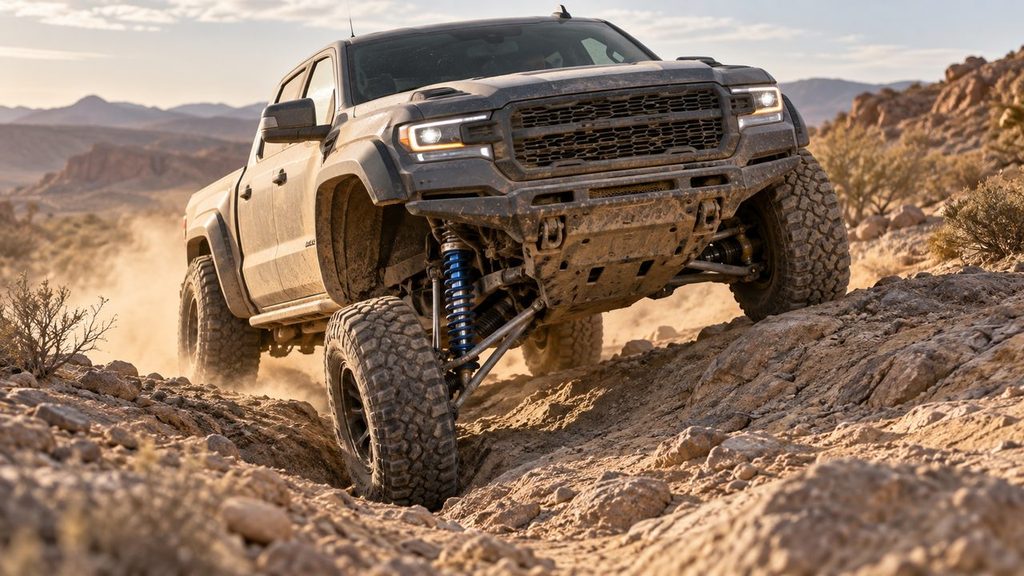Off-road truck using long travel suspension over uneven rocky terrain