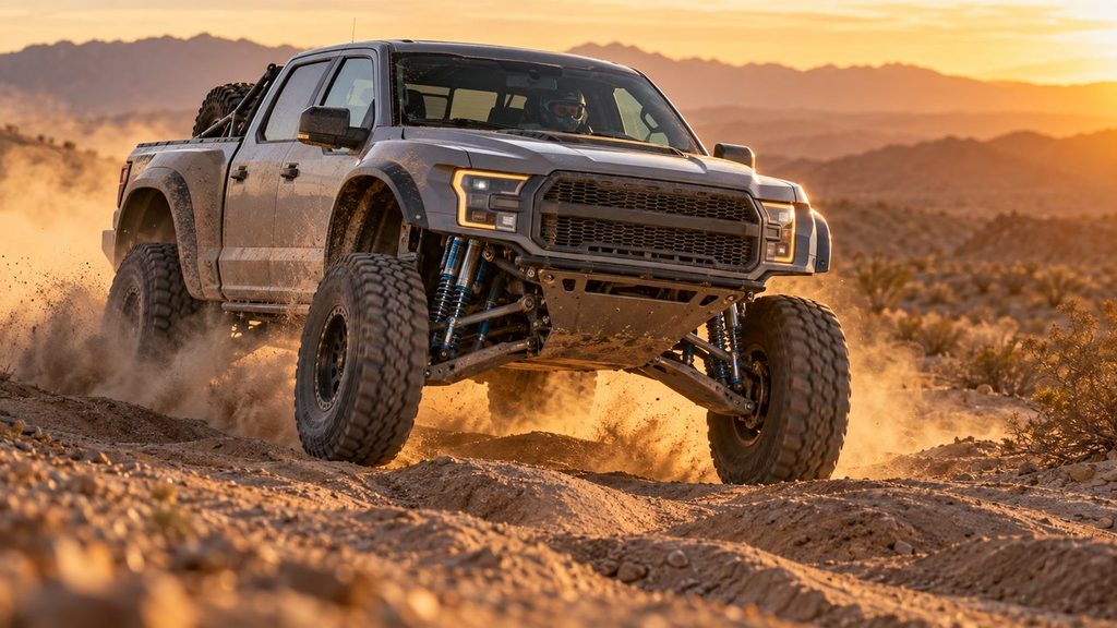 Long travel suspension truck driving at speed across rough desert terrain