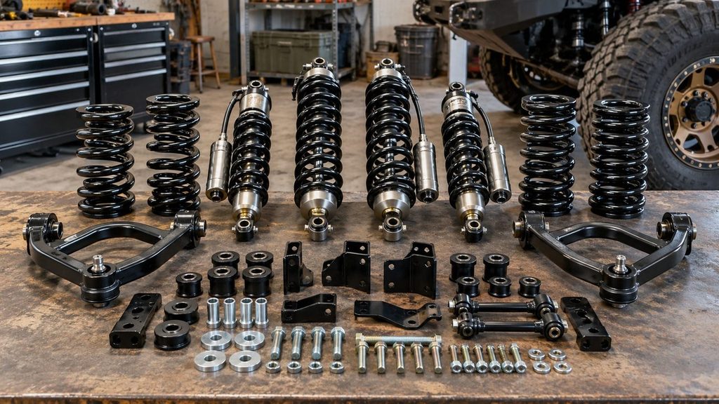 Off-road suspension kit components laid out on a workshop table
