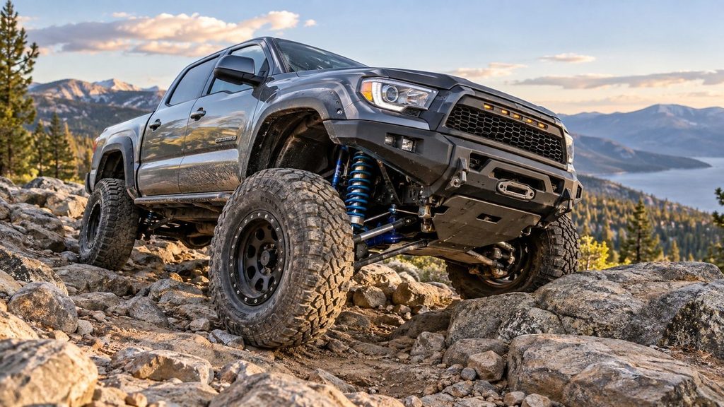 Off-road truck with upgraded suspension driving on rocky terrain