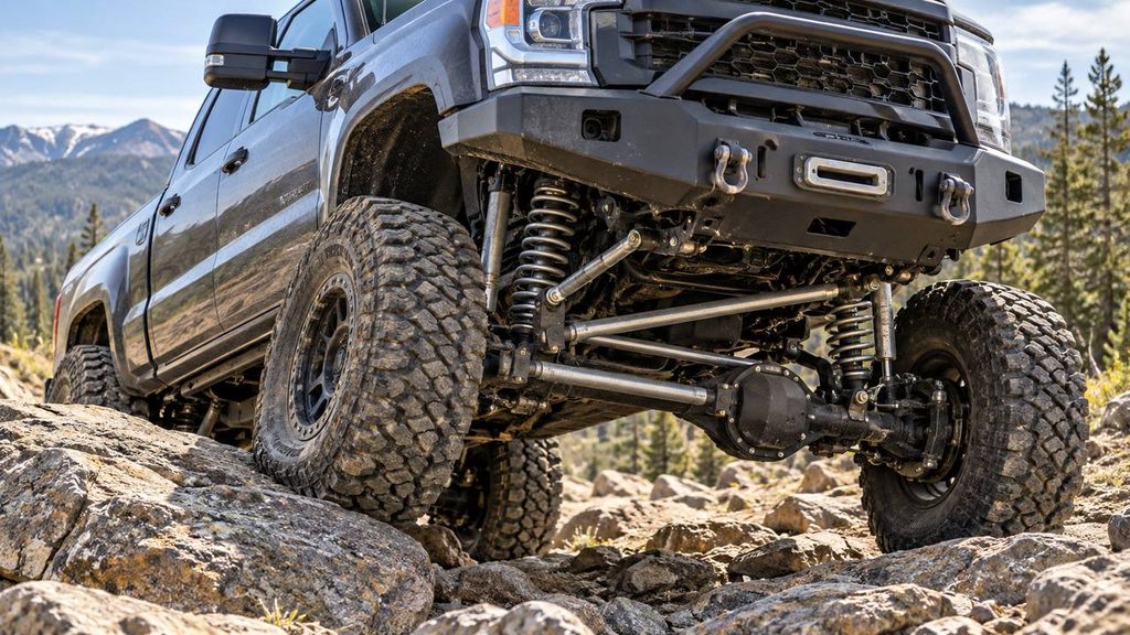 Lifted solid axle truck articulating over rocks off road