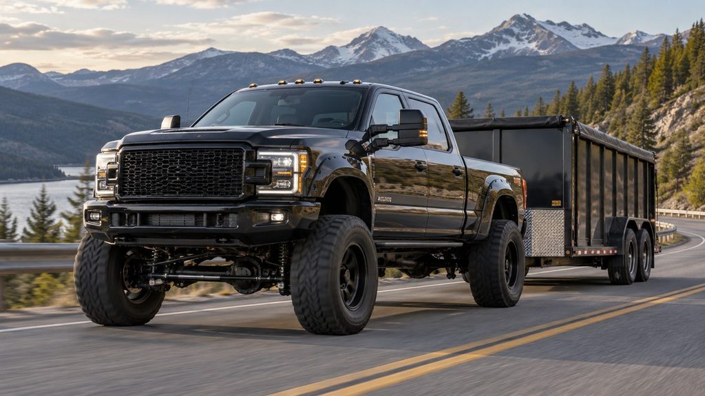 Lifted truck towing a trailer on the road with a solid front axle suspension