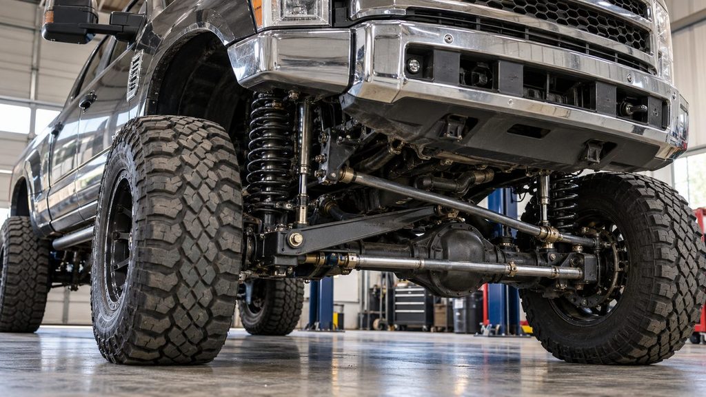 Solid front axle suspension under a lifted truck showing radius arm or 4-link components