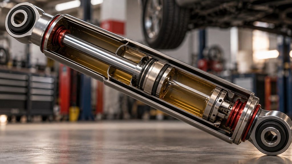 Monotube shock absorber cutaway showing piston, hydraulic oil and gas chamber
