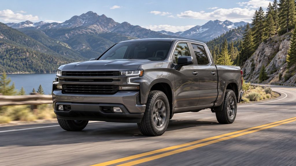 Pickup truck with 33 inch tires on a mountain road