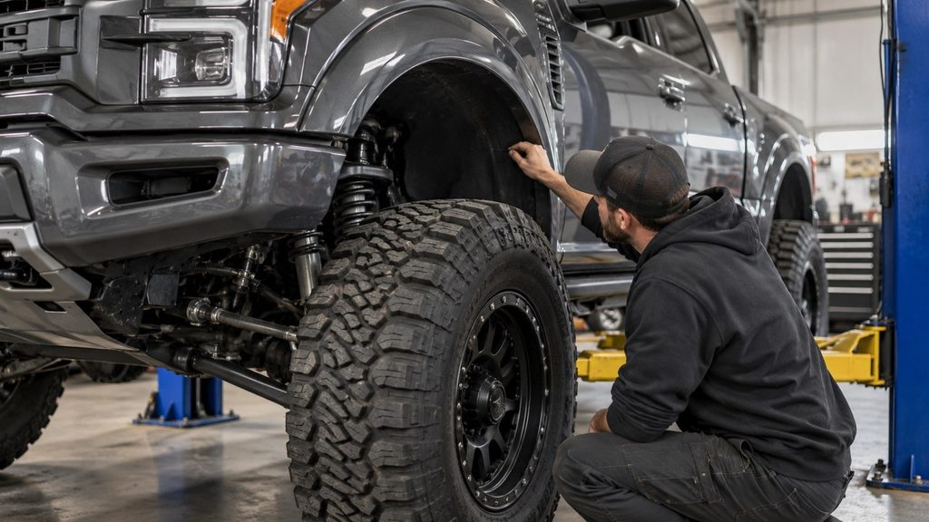 Mechanic checking wheel well clearance around a large off-road tire