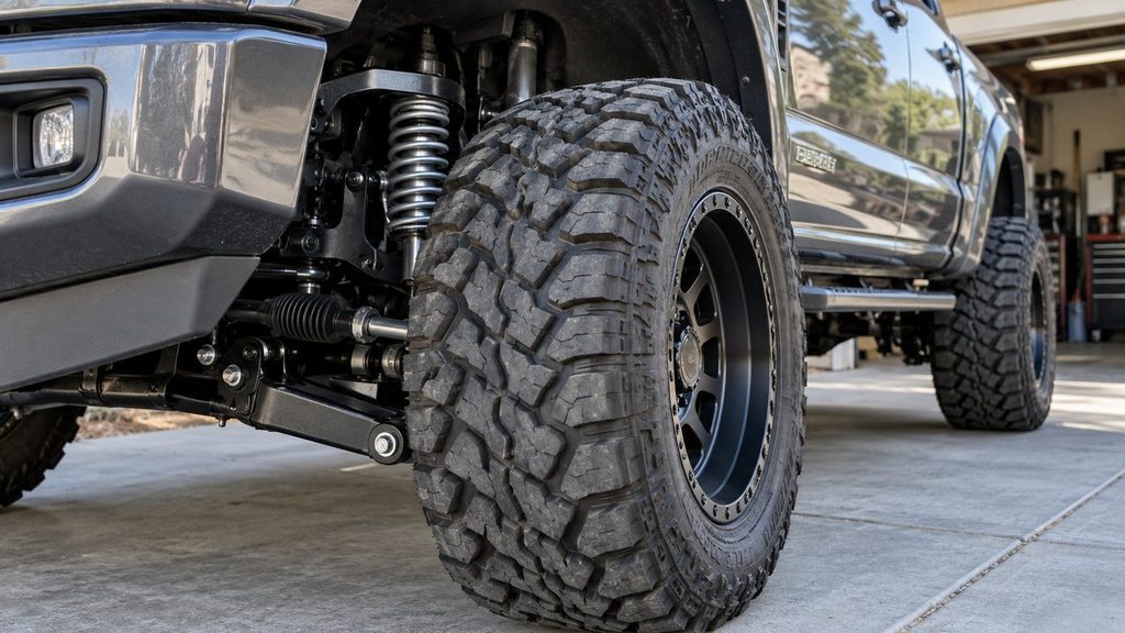 35-inch off-road tire with lifted truck suspension and wheel well clearance