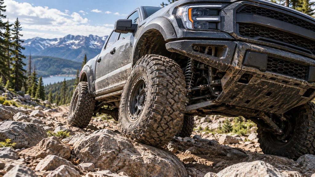 Pickup truck with 35 inch tires crawling over rocks