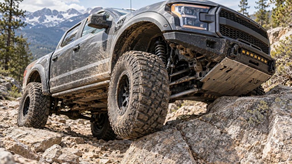 Lifted truck with 35-inch tires articulating over rocky terrain