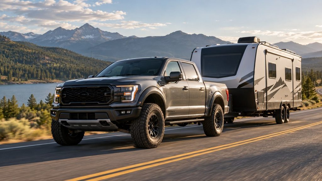 Lifted truck with large off-road tires towing a travel trailer