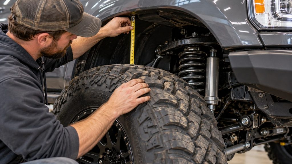 Mechanic checking tire clearance on a lifted off-road truck