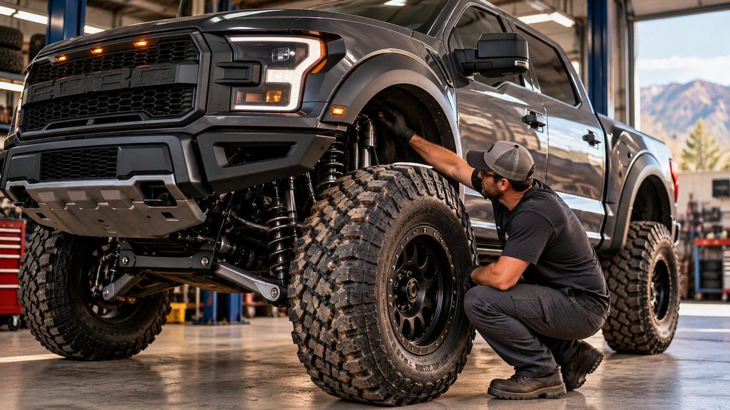 Mechanic checking clearance around a 37-inch tire on a lifted truck