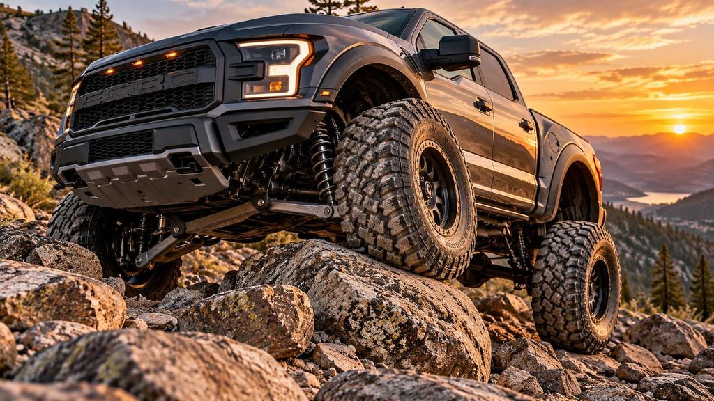 Lifted truck with 37-inch tires articulating over rocky terrain