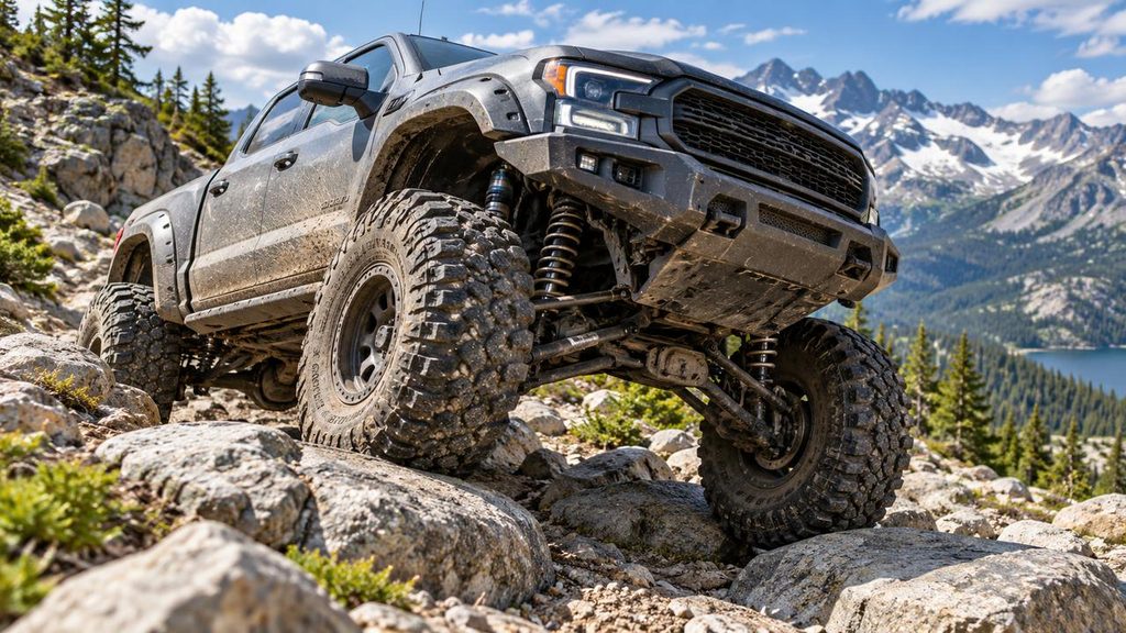 Pickup truck with 37 inch tires rock crawling off road