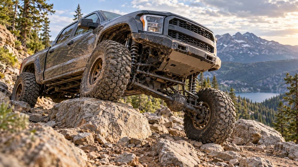 Lifted truck with 37-inch tires crawling over rocky terrain