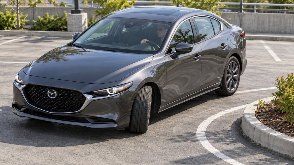 Sedan making a low-speed turn with the inside front wheel turned more sharply