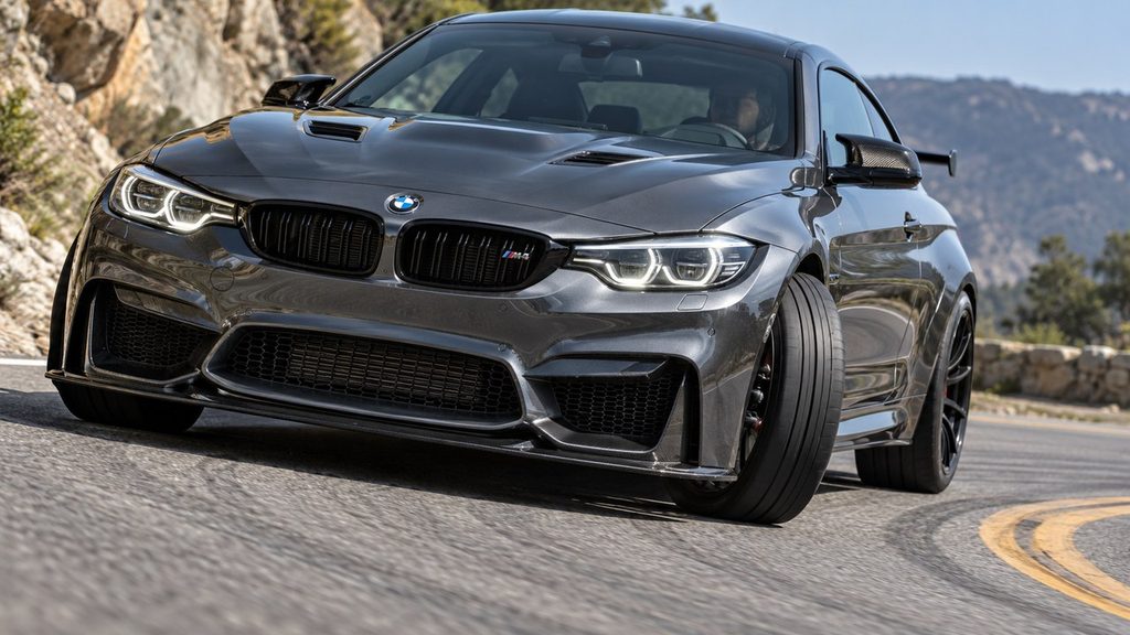 Performance car cornering hard on a mountain road