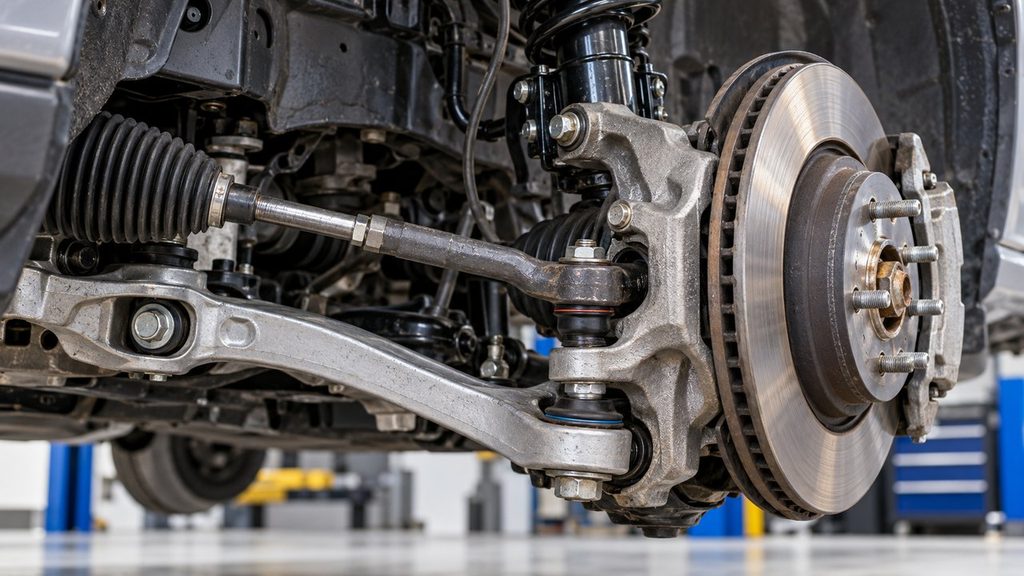 Front suspension and steering components including tie rod, steering knuckle and brake rotor