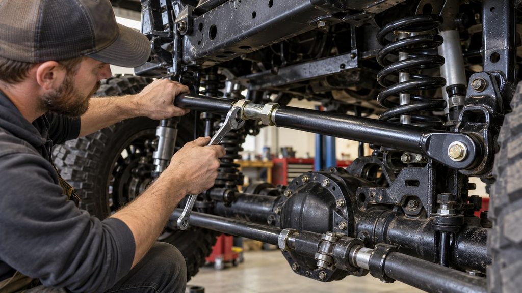 Mechanic adjusting an aftermarket track bar on a lifted truck