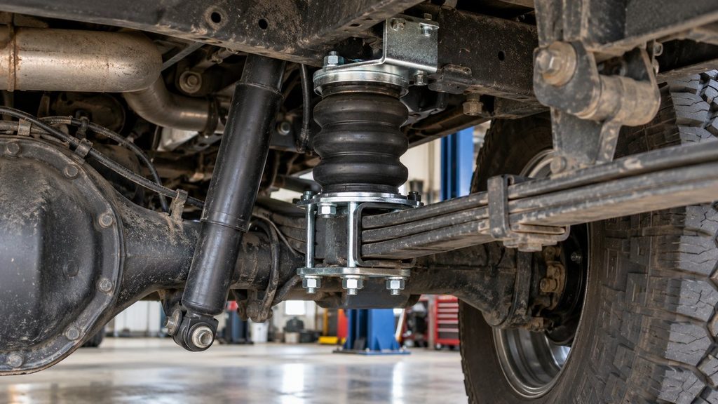 Air helper spring mounted between a truck frame and rear axle