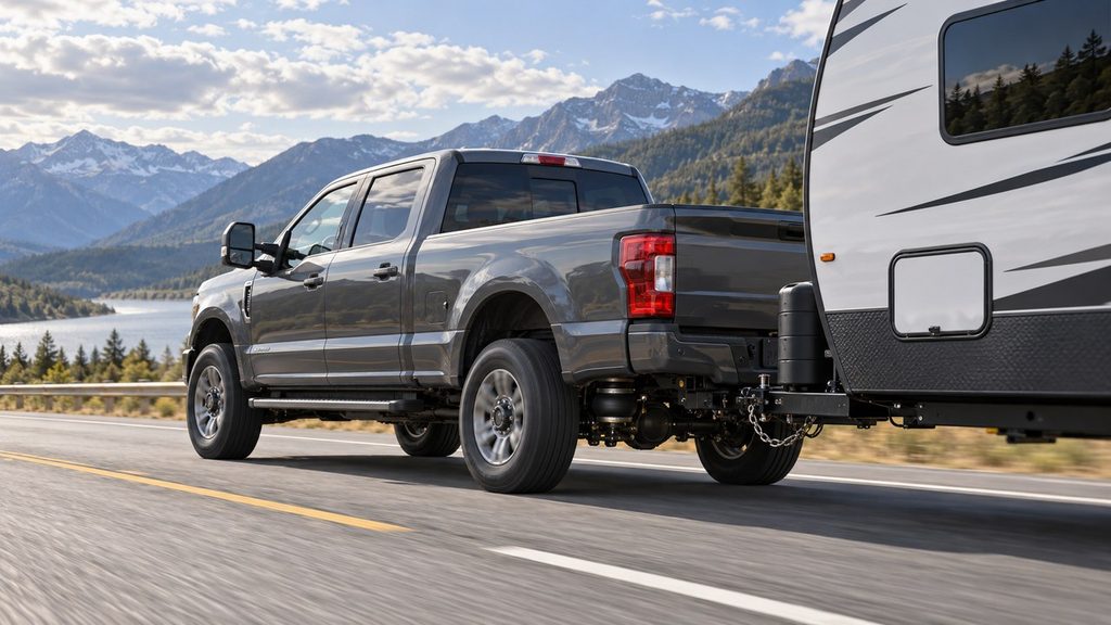 Pickup truck towing a travel trailer with rear airbag suspension support