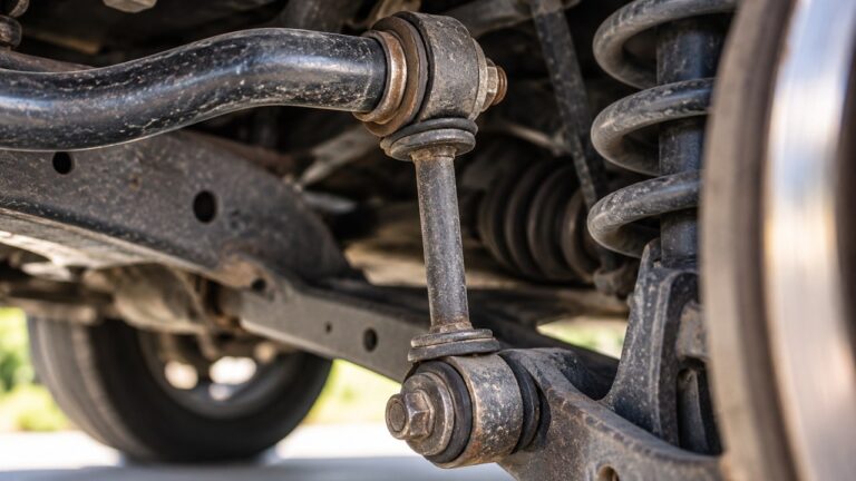 Worn sway bar end link showing damaged rubber bushings and suspension mounting points