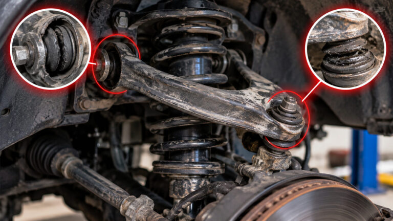Symptoms of a bad upper control arm showing worn bushings and a damaged upper ball joint