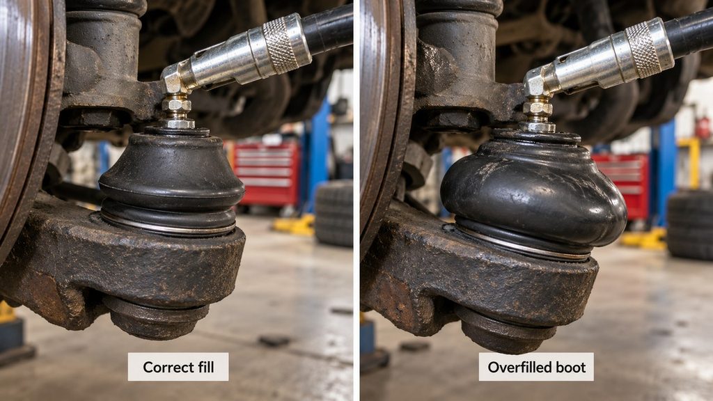 Comparison of a properly filled ball joint dust boot and an overfilled swollen rubber boot