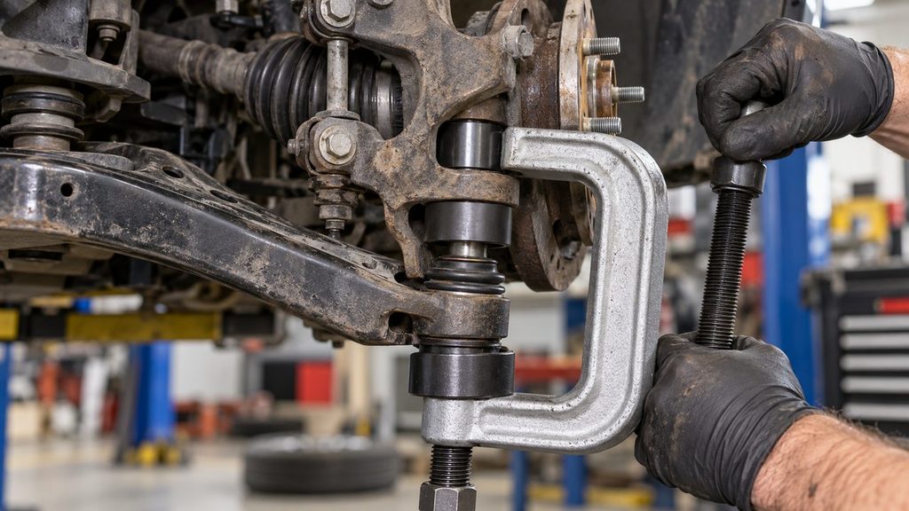 Mechanic using a C-frame ball joint press with adapters to remove a press-fit suspension ball joint