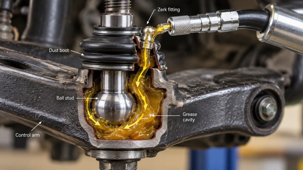 Cutaway of a greaseable suspension ball joint showing the ball stud, dust boot and grease cavity