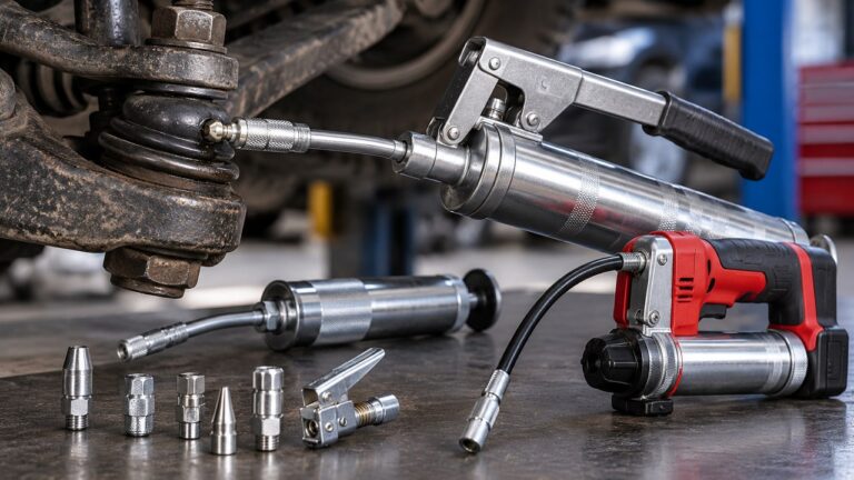 Ball joint grease gun with Zerk fitting coupler, flexible hose and grease gun adapters