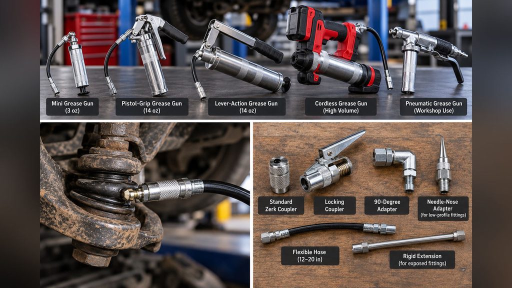 Comparison of mini, pistol-grip, lever-action, cordless and pneumatic grease guns for ball joints