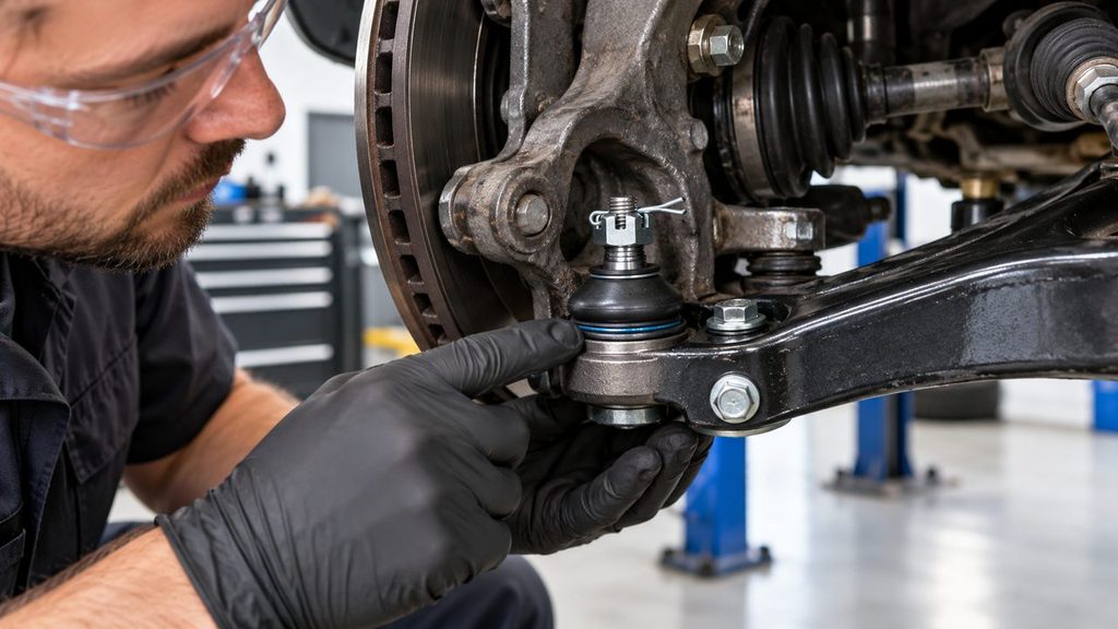Mechanic inspecting a newly installed lower ball joint with castle nut, cotter pin and rubber dust boot