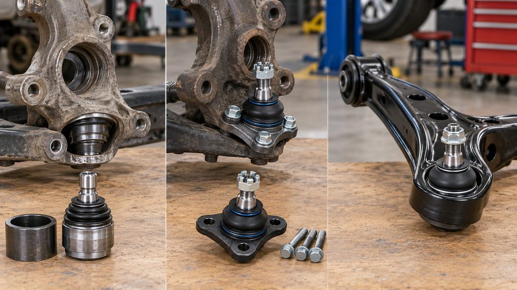 Comparison of press-in, bolt-on and integrated suspension ball joint mounting designs