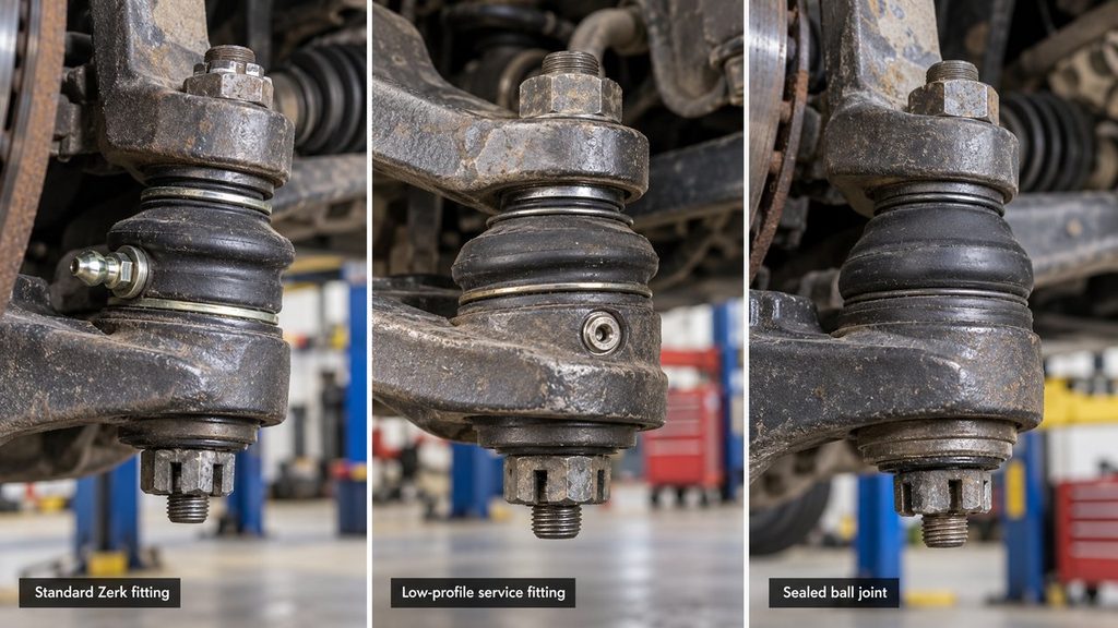 Standard Zerk fitting, low-profile grease fitting and sealed suspension ball joint comparison