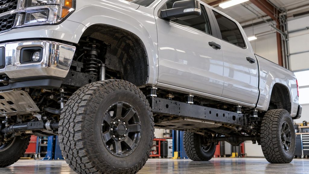 Body lift spacers installed between a pickup truck body and frame
