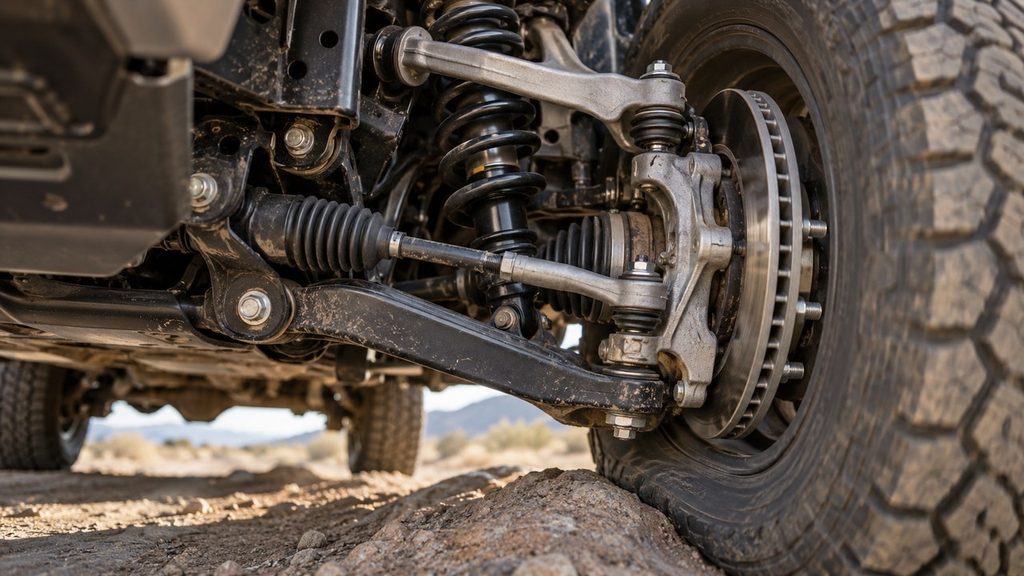 Front suspension tie rod and control arms showing bump steer geometry