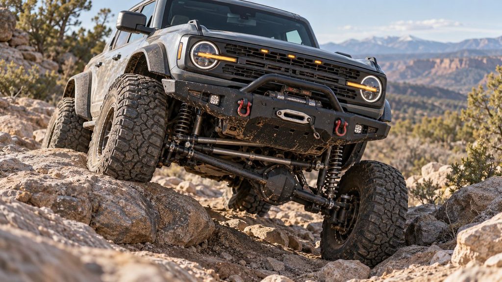 Lifted truck with solid front axle articulating over rocky terrain