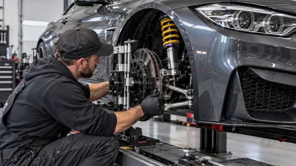 Technician measuring bump steer on a front suspension
