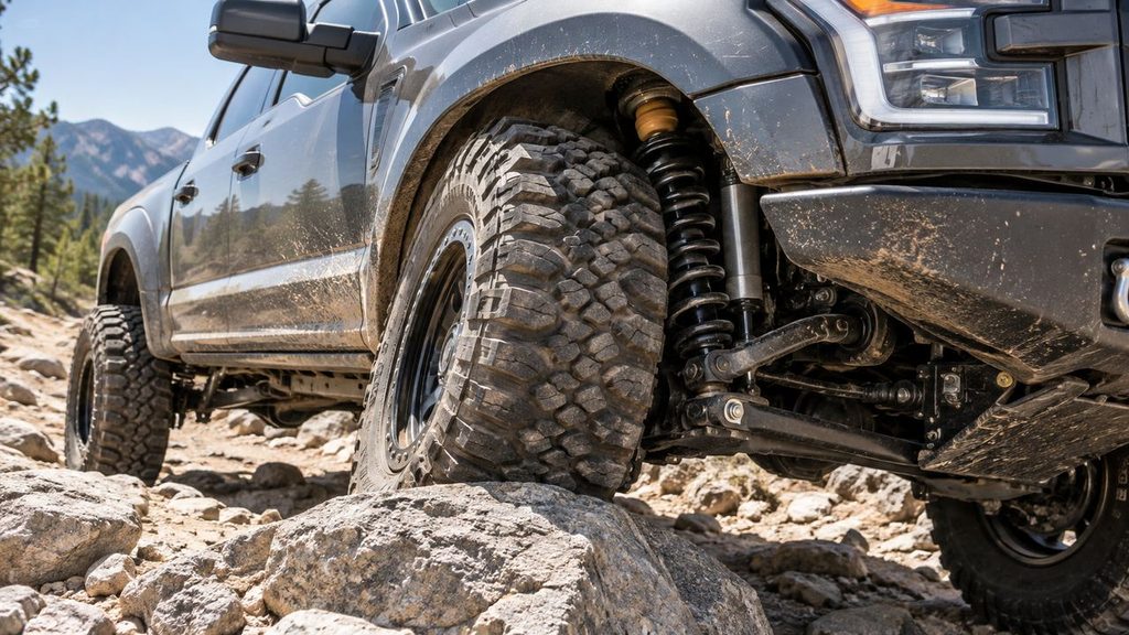 Off-road truck suspension compressing over rocks near the bump stop