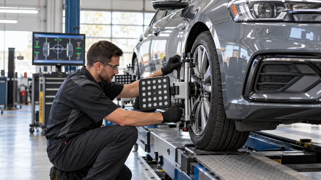 Technician measuring camber angle during a wheel alignment