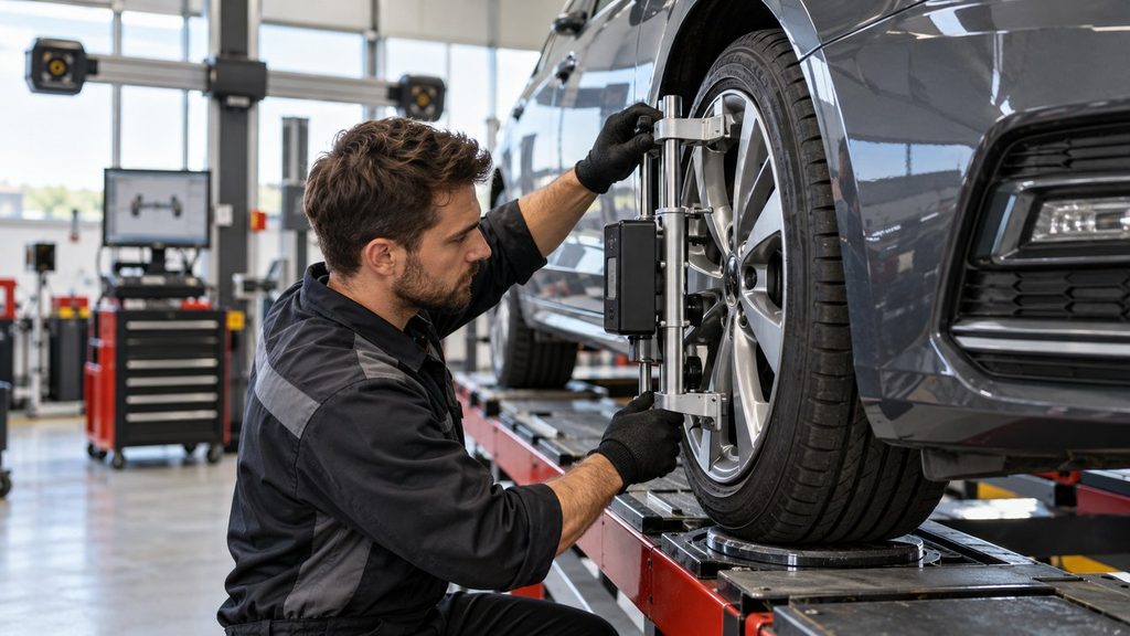 Technician measuring front wheel camber angle with digital alignment equipment