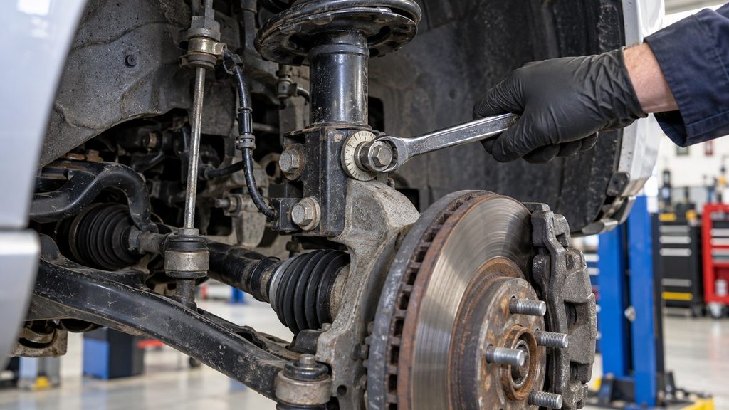 Mechanic using a wrench on an eccentric camber bolt at the front strut and steering knuckle