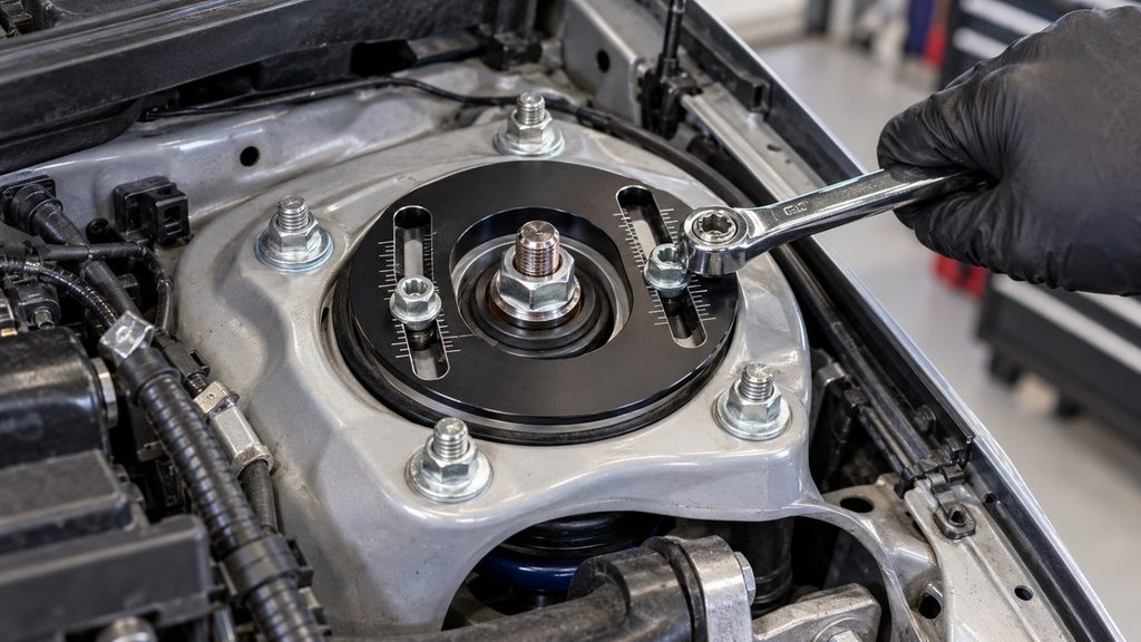 Mechanic adjusting an aftermarket camber plate at the upper strut mount