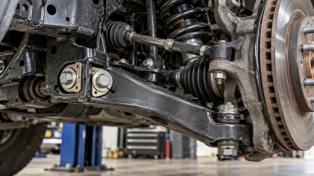Front control arm mounting hardware and suspension pivots on an independent front suspension