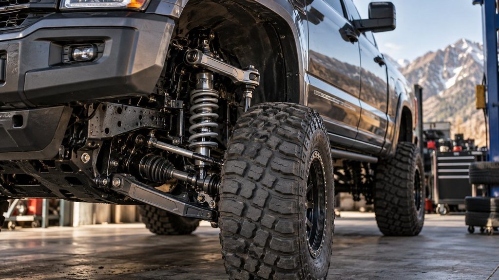 Lifted truck front suspension showing control arms and steering geometry