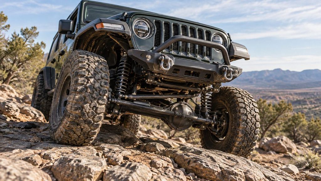 Lifted Jeep Wrangler on rocky terrain showing its solid front axle and suspension links